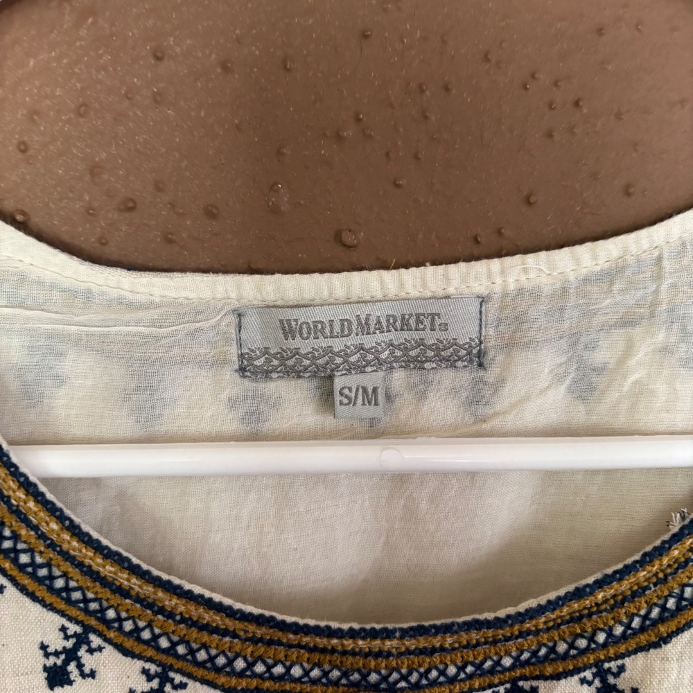 World Market Embroidered Cotton Linen Boho Shift Dress Cream Navy SM - Picture 2 of 9